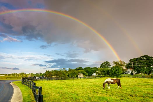 Scenic view of double rainbow over a horse pasture in Central Kentucky