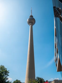 Berlin Television Tower from low angle during summer, germany
