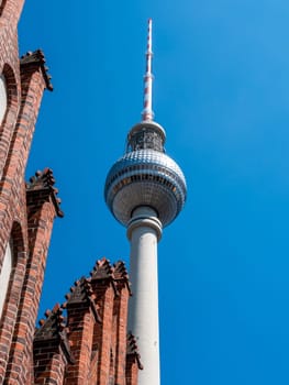 Berlin Television Tower from low angle during summer, germany