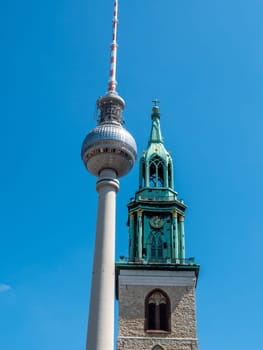Berlin Television Tower from low angle during summer, germany