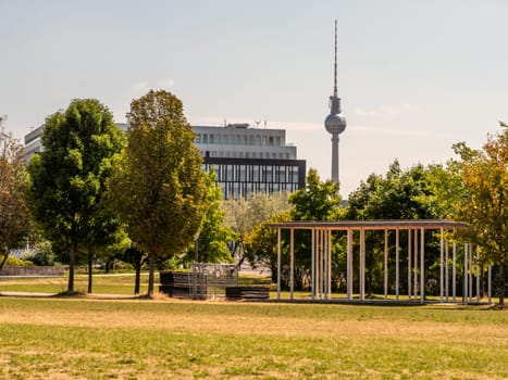 Berlin Television Tower from low angle during summer, germany