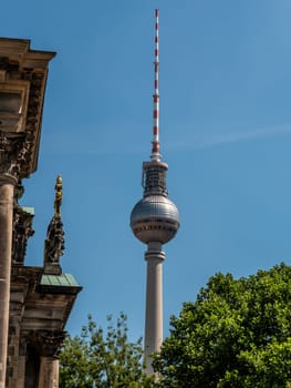 Berlin Television Tower from low angle during summer, germany