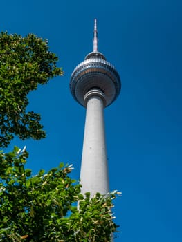 Berlin Television Tower from low angle during summer, germany