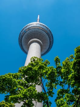 Berlin Television Tower from low angle during summer, germany