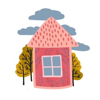 Cute little house hand-drawn simple on a white background isolated. Print for t-shirt design. Children's pink illustration. Fairytale house