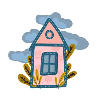 Cute little house hand-drawn simple on a white background isolated. Print for t-shirt design. Children's pink illustration. Fairytale house