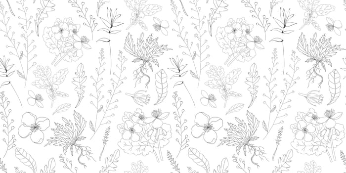 Simple delicate floral pattern. Thin lines. Summer fabric, textile and packaging design. Medicinal herbs and wildflowers. Vintage herbs. Vector botanical illustration.