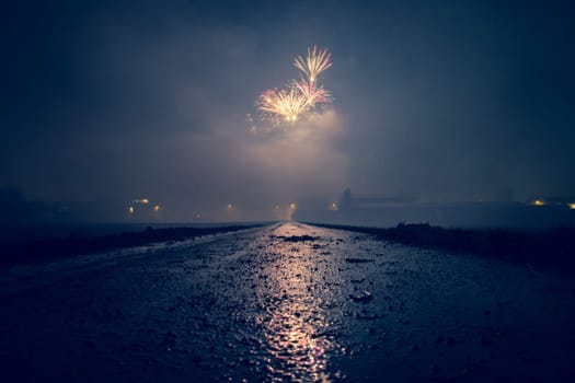 Firework at new year on a dusty wet landscape, Austria