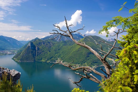Traunsee lake with Alps from hill Kleiner Schonberg. Austria landscape. Upper Austria, Austria