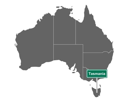 Ortsschild Tasmania auf Landkarte von Australien