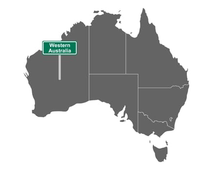 Ortsschild Western Australia auf Landkarte von Australien