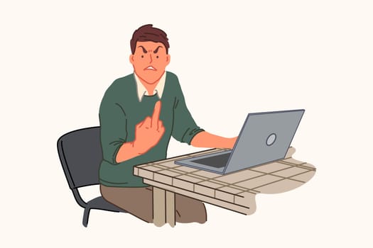 Computer malfunction, work problem, irritability, anger concept. Young man showing obscene gesture at laptop, emotional burnout, fury and rudeness, bad manners signs. Simple flat vector