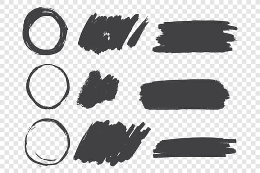 Black paint scribble hand drawn doodles set. Circle shapes freehand scrabbles drawing. Ink pen strokes isolated on transparent background. Monochrome round frames vector design elements