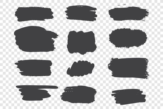 Black ink strokes vector illustrations set. Monochrome ink drawings, various charcoal spots pack. Grunge freehand smears isolated on transparent background. Monochrome messy stains design elements