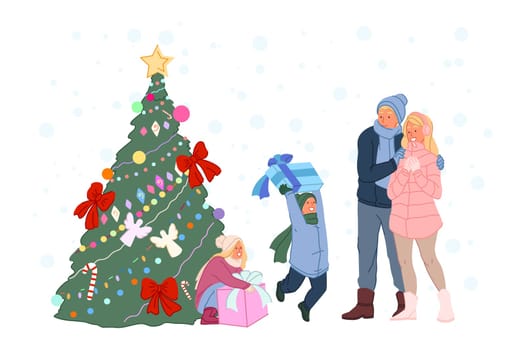 Happy family for Christmas or New Year celebrates on the street in winter. Fun kids with their parents near the Xmas tree. Mother and father embrace, give gifts to son and daughter. Simple flat vector