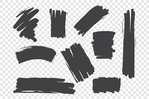 Chaotic brush strokes vector illustrations set. Monochrome black paint drawings, random ink blobs pack. Grunge freehand stains isolated on transparent background. Abstract smudges design elements
