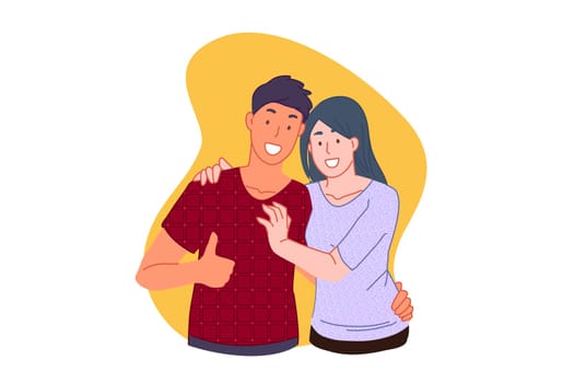 Confirmed, approved, ok, like, cool sign concept. A young smiling guy and a happy girl hug together and show a Like sign. A couple in love in an embrace look at the camera. Simple flat vector.