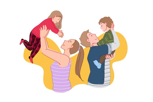 Happy family, joyful meeting, kids time concept. Smiling people, glad parents and children in pajamas, home entertainment, mom and dad playing with babies, child care. Simple flat vector