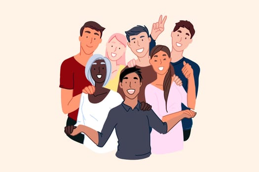 Friendship of nationalities, cosmopolite society, international community concept. Smiling young people, male and female different nations representatives, multinational unity. Simple flat vector