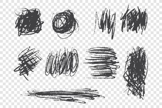 Scrabbles and scrawls hand drawn doodle set. Brush and pencil strokes freehand drawing. Monochrome black ink lines isolated on transparent background. Abstract vector design elements