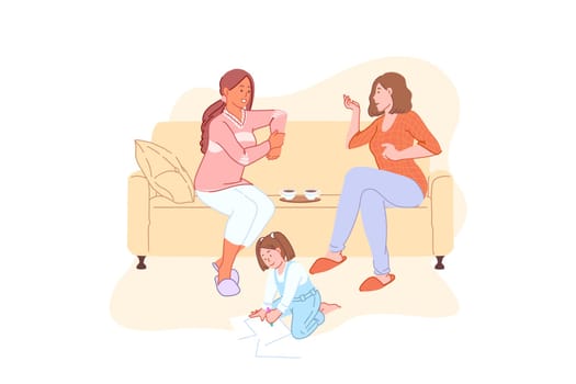 Home leisure, family weekend, communication, tea time, lunchtime concept. Adult women with teacups on sofa, child playing on floor, friendly conversation, babysitting. Simple flat vector