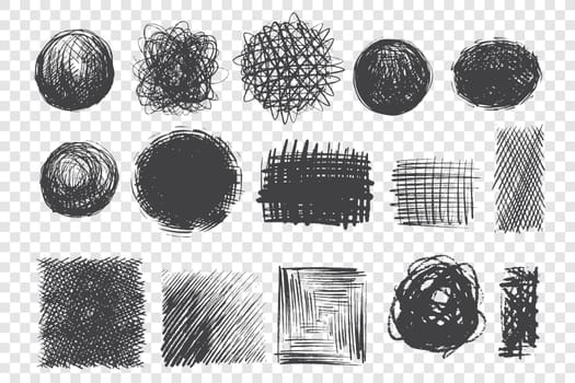 Round and square shape scribbles hand drawn doodle set. Types of pen and pencil hatching set. Monochrome black ink drawing on transparent background. Abstract art design elements collection
