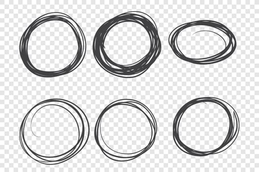 Round hand drawn frames set. Scrabble, circle shapes doodle drawings. Ink pen freehand line art isolated on transparent background. Monochrome scribble figures vector design elements