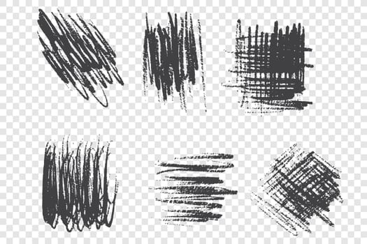 Brushstroke scribbles vector illustrations set. Messy smears pack. Grunge ink freehand drawings isolated on transparent background. Monochrome black paint strokes design elements collection