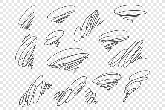 Curly black scrawls vector illustrations set. Chaotic ink pen strokes, swirling thin lines pack. Twirling monochrome scribbles isolated on transparent background. Sloppy whirl drawings collection