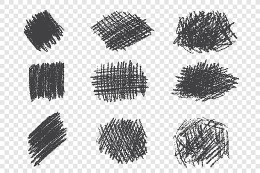 Types of different pen hatching hand drawn set. Scribble doodles collection. Monochrome black ink drawing on transparent background. Abstract vector art collection. Scratch design elements