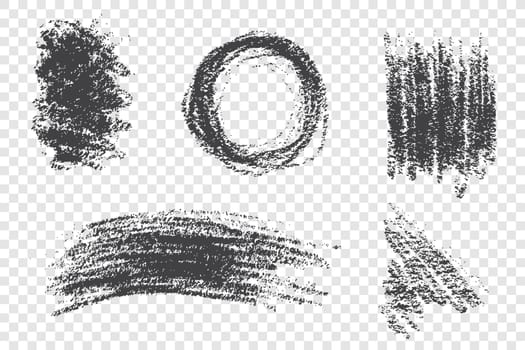 Grunge paint smears vector illustrations set. Dirty ink brushstrokes with dry paint effect. Various monochrome scrawls isolated on transparent background. Chaotic scribbles, drawings collection