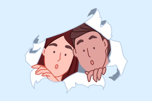 Curiosity and discovery concept. Shocked couple peeking through torn paper hole, spying woman and man, surprised girl and boy looking through wall, emotional reaction. Simple flat vector