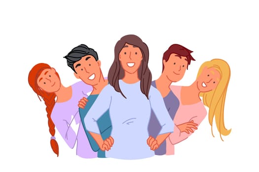 Togetherness, friendship, unity concept. Happy young people standing together, cheerful friends posing for group photo, college students group, successful coworkers team. Simple flat vector