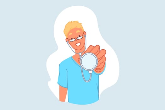 Doctor, pediatrician, therapist, medicine concept. Smiling young man with phonendoscope, physician holding medical device, outpatient hospital intern, medical student. Simple flat vector