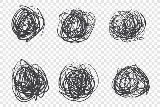 Black tangled knots vector illustrations set. Circle shaped ink brush strokes, grunge scribbles pack. Cluttered drawings isolated on transparent background. Chaotic round scrawls collection