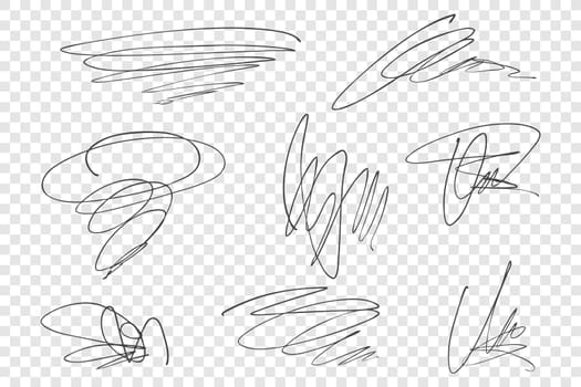 Pencil scrawls vector illustrations set. Chaotic strokes, random hand drawn scribbles pack. Ink freehand scratches isolated on transparent background. Charcoal swirling lines design elements