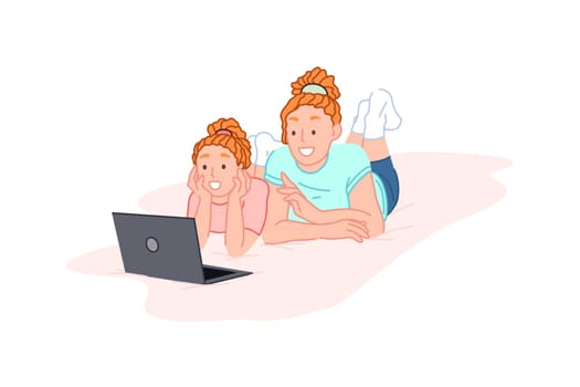 Online learning, education, watching a movie concept. Happy mother and teen daughter watch a film or learn lessons together. Smiling couple of sisters spend time behind laptop. Simple flat vector.