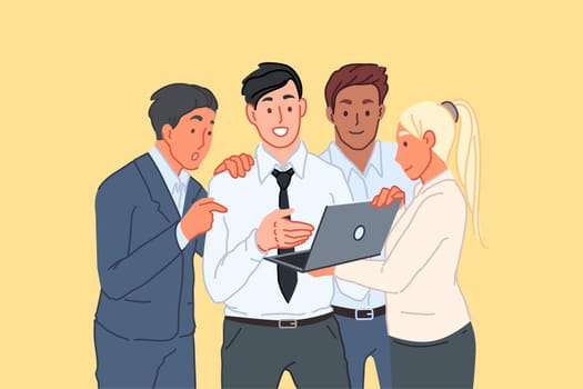Business project presentation, idea sharing, personnel cooperation, teamwork concept. Planning department staff, businesspeople with laptop, executive and subordinates. Simple flat vector