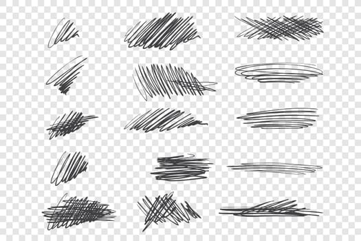 Black scribble vector illustrations set. Messy ink pen strokes, chaotic drawings pack. Various zigzag, curling and criss crossed lines isolated on transparent backdrop. Freehand scrawls collection