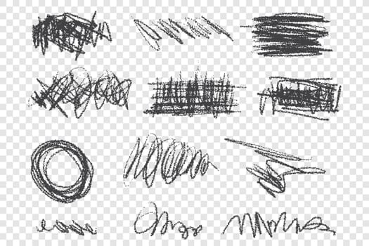 Grunge scribbles vector illustrations set. Dirty black strokes pack, messy freehand drawings. Scrawls with dry paint effect isolated on transparent backdrop. Chaotic charcoal sketches collection