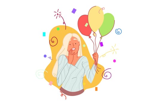 Holiday, birthday celebration concept. Pleasantly surprised young woman holding colorful festive balloons, amazed girl receiving congratulations on special occasion. Simple flat vector