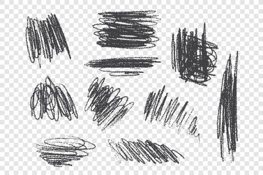 Chaotic charcoal scribble vector illustrations set. Messy ink brush strokes with dry paint effect. Random monocolor scrawls isolated on transparent background. Freehand coal drawings collection