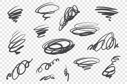Black curly scribble vector illustrations set. Messy ink pen strokes, twirling scrawls pack. Swirling monochrome lines isolated on transparent background. Chaotic freehand drawings collection