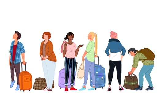 Queue at railway ticket office, waiting for departure, going on trip concept. People with suitcases standing in line, queuing up to cash register, baggage claim in airport. Simple flat vector