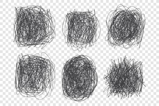 Tangled scribbles vector illustrations set. Round ink pen scrawls, grunge sketchy shapes pack. Monochrome cluttered knots isolated on transparent background. Chaotic black thin line drawings