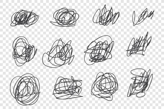 Chaotic tangled scrawls vector illustrations set. Sloppy ink pen strokes, random scribbles pack. Various black thin line knots isolated on transparent background. Childish doodle drawings collection