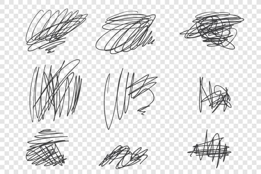 Random undigested scribbles vector illustrations set. Messy ink pen, black pencil strokes pack. Various thin line doodle drawings isolated on transparent backdrop. Childish scrawls collection