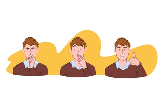 Idea generation, brainstorming concept. Creative young man thinking, searching problem solution, finding question answer, innovative strategy development process stages set. Simple flat vector