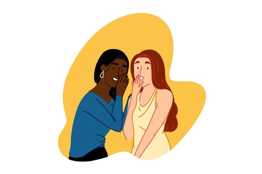 Gossiping, whispering secret concept. Smiling girls spreading rumors, happy young women communicate, friends discussing gossips, sharing news, private conversation. Simple flat vector
