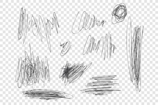 Ink pen scrawls vector illustrations set. Chaotic black scribbles, messy thin line drawings pack. Monochrome freehand sketches isolated on transparent backdrop. Sloppy pencil strokes collection